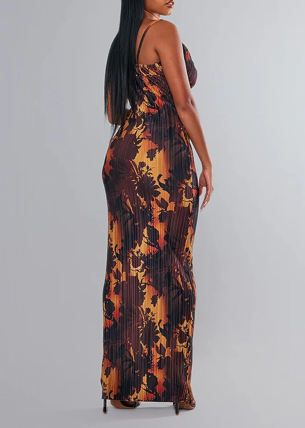 Cowl Neck Printed Plisse Maxi Dress Sleeveless Tank Dress Summer Beach Dresses