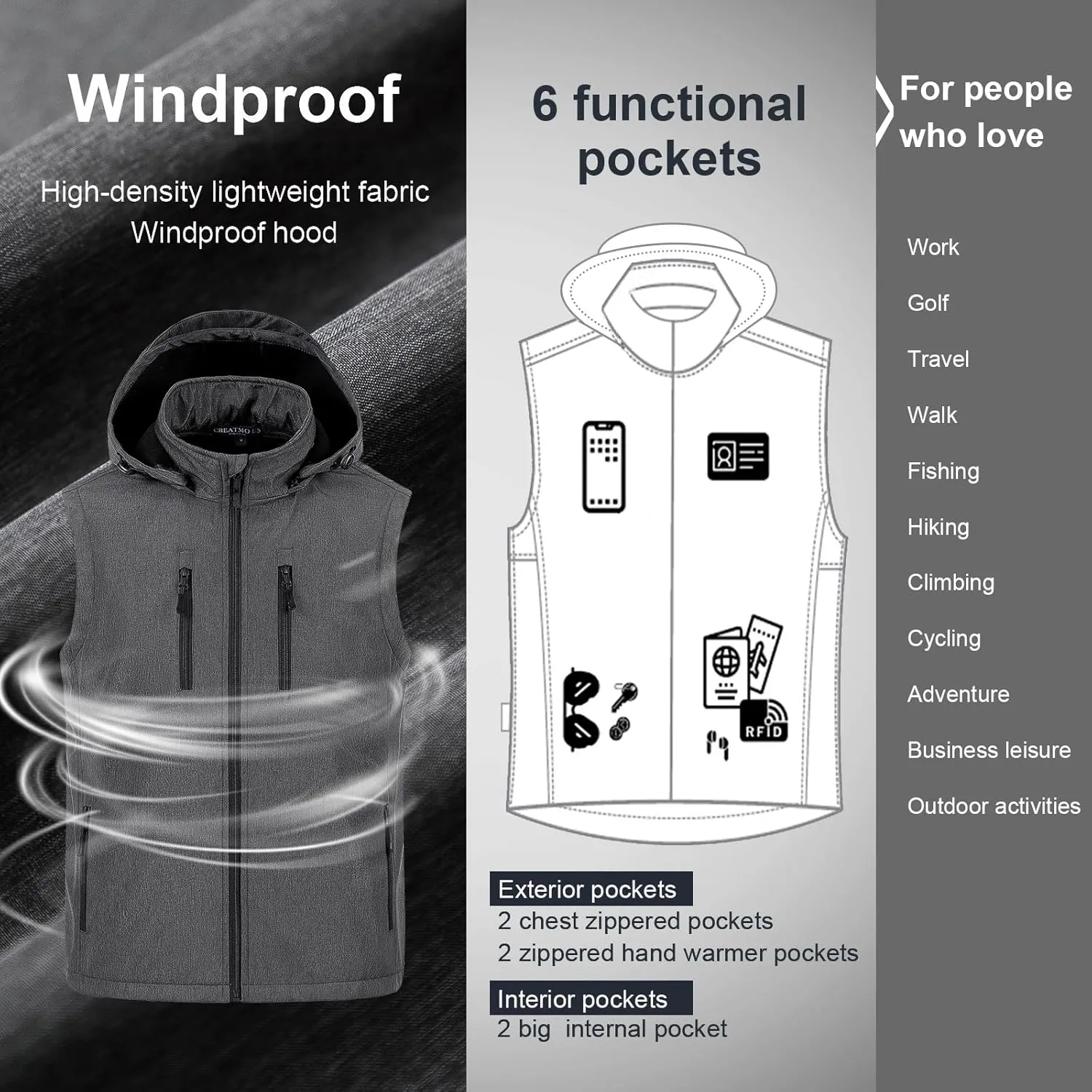 CREATMO US Men's Casual Lightweight Warm Thin Outerwear Vest Windbreaker Sleeveless Jacket With Removable Hood