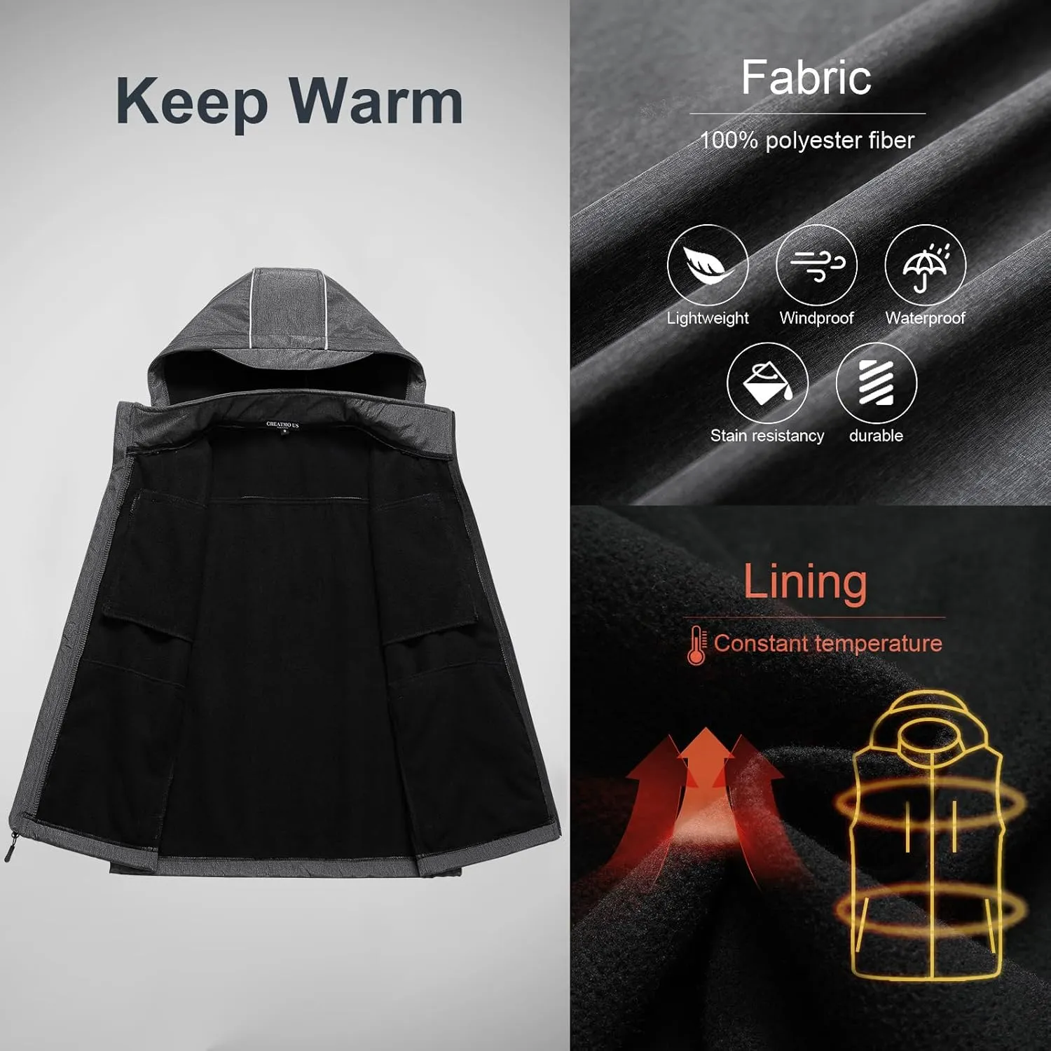 CREATMO US Men's Casual Lightweight Warm Thin Outerwear Vest Windbreaker Sleeveless Jacket With Removable Hood