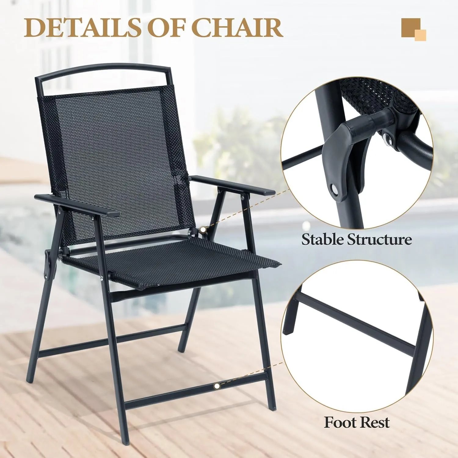 Crestlive Products Patio Folding Chairs Set of 4, Outdoor Folding Chairs with Durable Rust-Resistant Frame and Breathable Textilene Material for Outside, Black