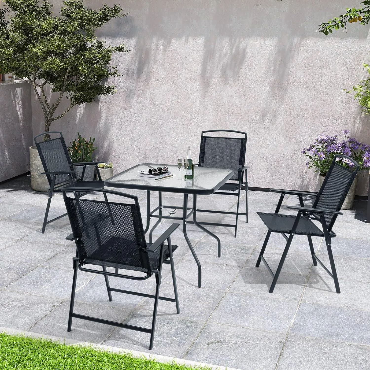 Crestlive Products Patio Folding Chairs Set of 4, Outdoor Folding Chairs with Durable Rust-Resistant Frame and Breathable Textilene Material for Outside, Black
