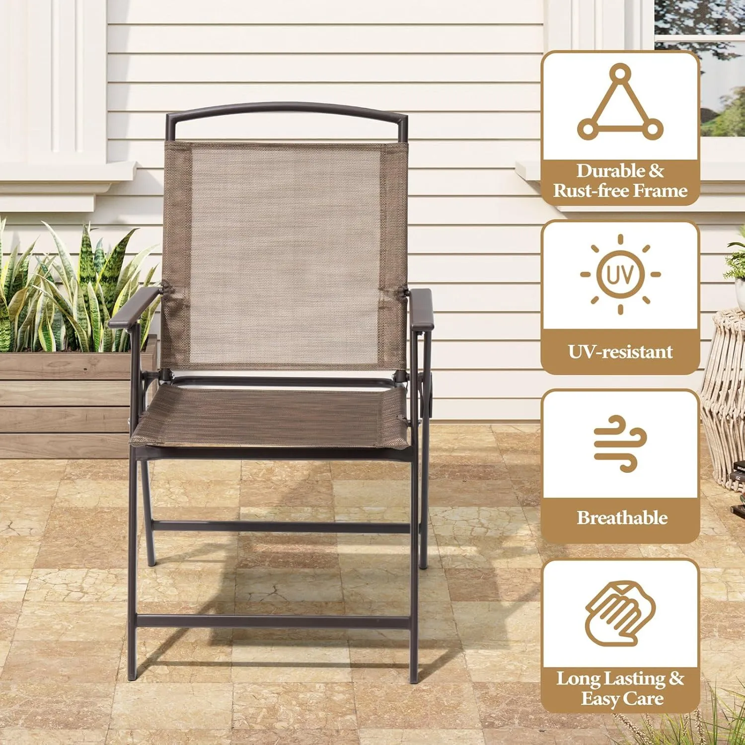 Crestlive Products Patio Folding Chairs Set of 8, Outdoor Folding Chairs with Durable Rust-Resistant Frame and Breathable Textilene Material for Outside, Brown
