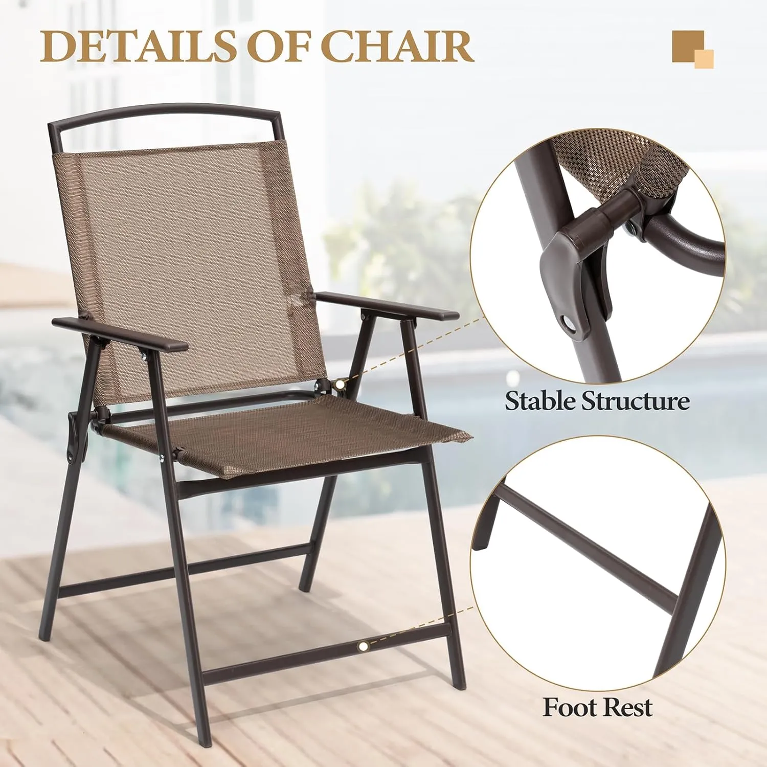 Crestlive Products Patio Folding Chairs Set of 8, Outdoor Folding Chairs with Durable Rust-Resistant Frame and Breathable Textilene Material for Outside, Brown