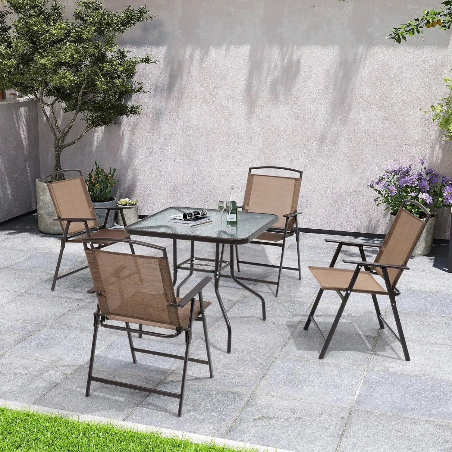 Crestlive Products Patio Folding Chairs Set of 8, Outdoor Folding Chairs with Durable Rust-Resistant Frame and Breathable Textilene Material for Outside, Brown