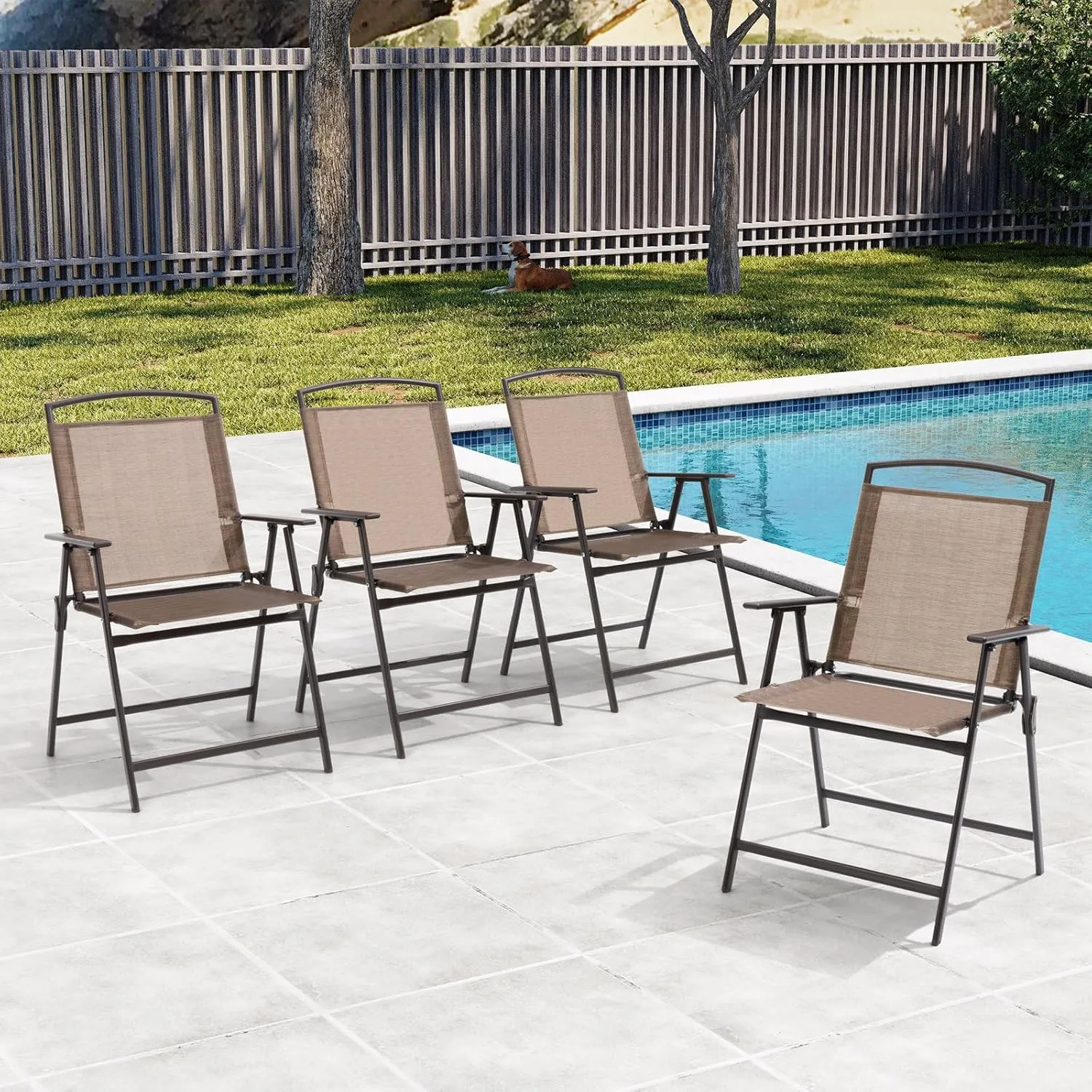 Crestlive Products Patio Folding Chairs Set of 8, Outdoor Folding Chairs with Durable Rust-Resistant Frame and Breathable Textilene Material for Outside, Brown