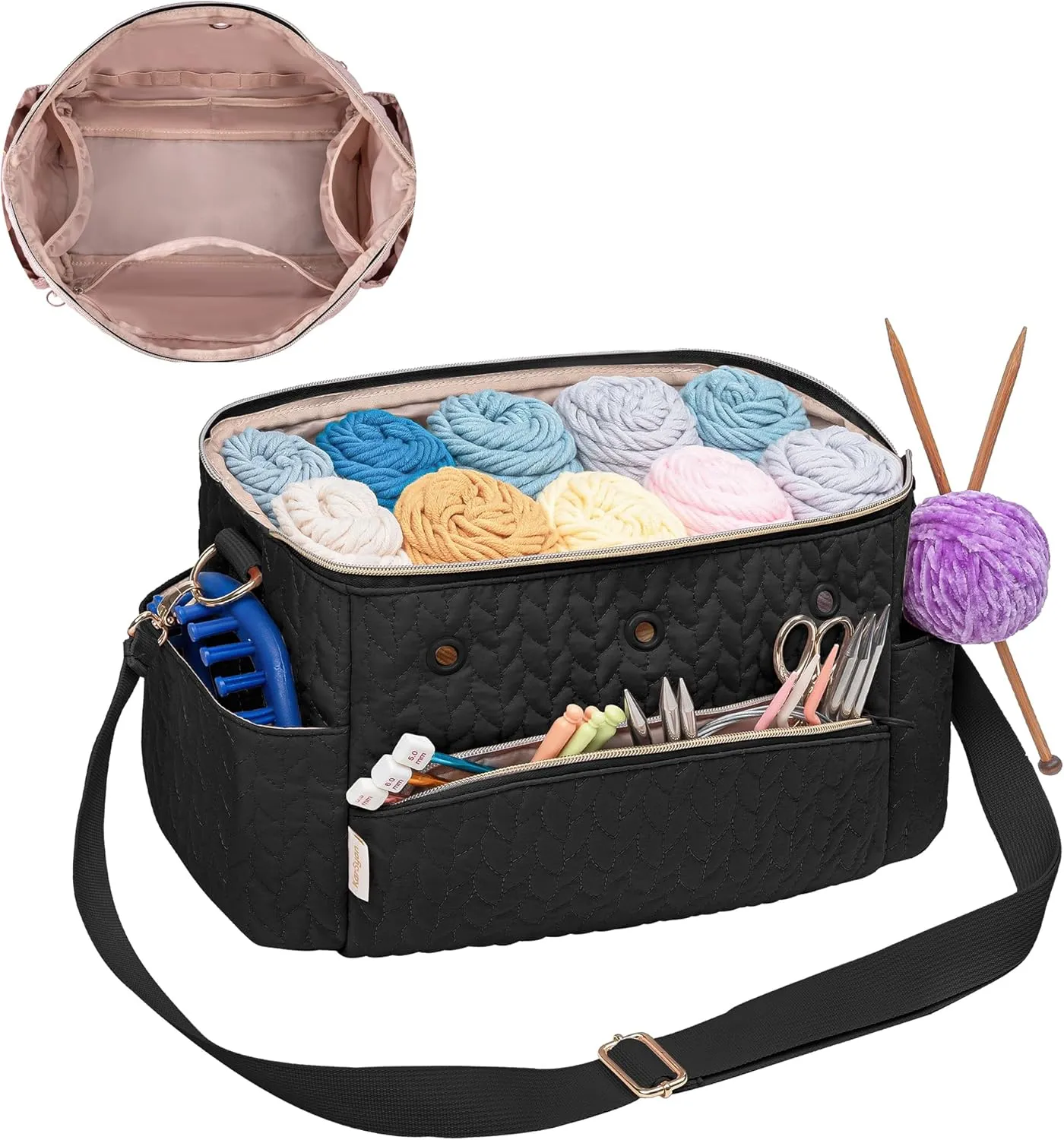 Crochet Bag Storage Organizer For Knitting & Crocheting Accessories - Black