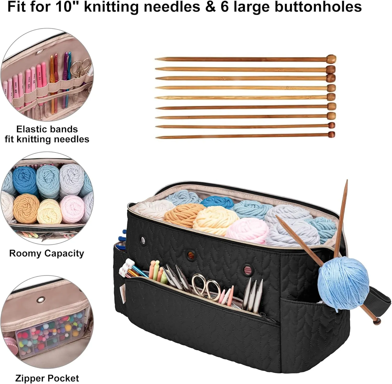 Crochet Bag Storage Organizer For Knitting & Crocheting Accessories - Black