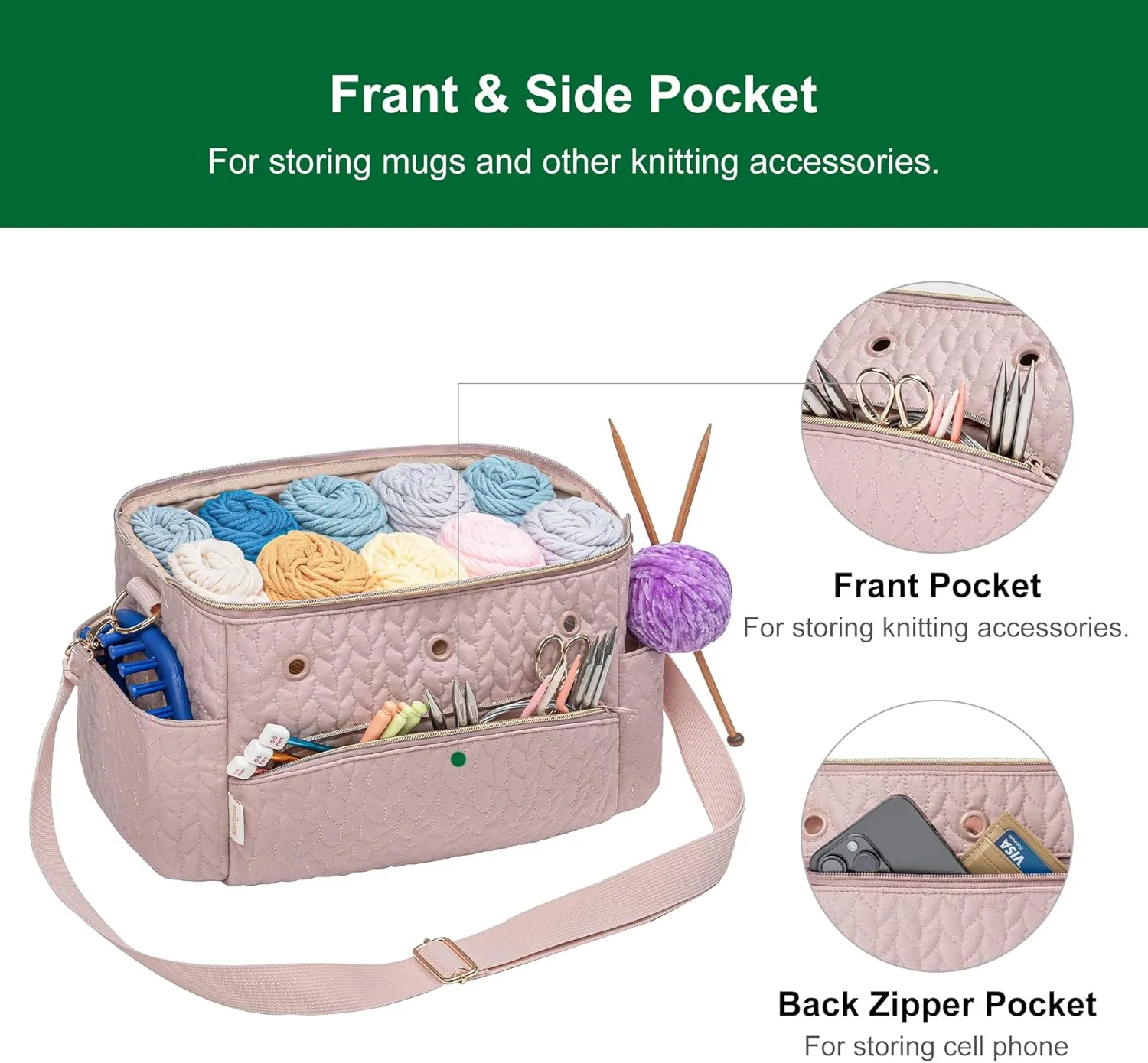 Crochet Bag Storage Organizer - Yarn & Knitting Accessories Case - Pink