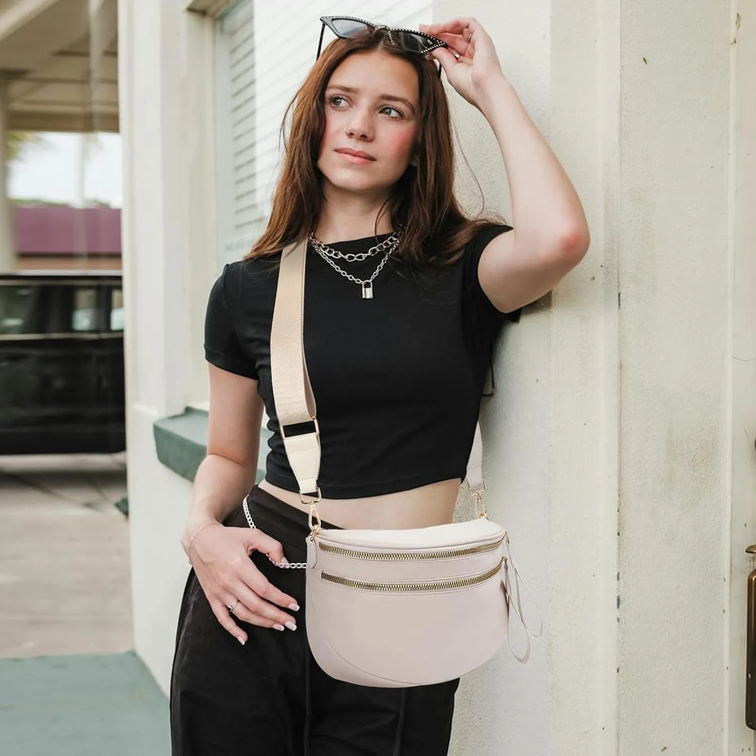 Crossbody Bags Bum Bag for Women Large Sling Bag Purse with Adjustable Strap（Beige）