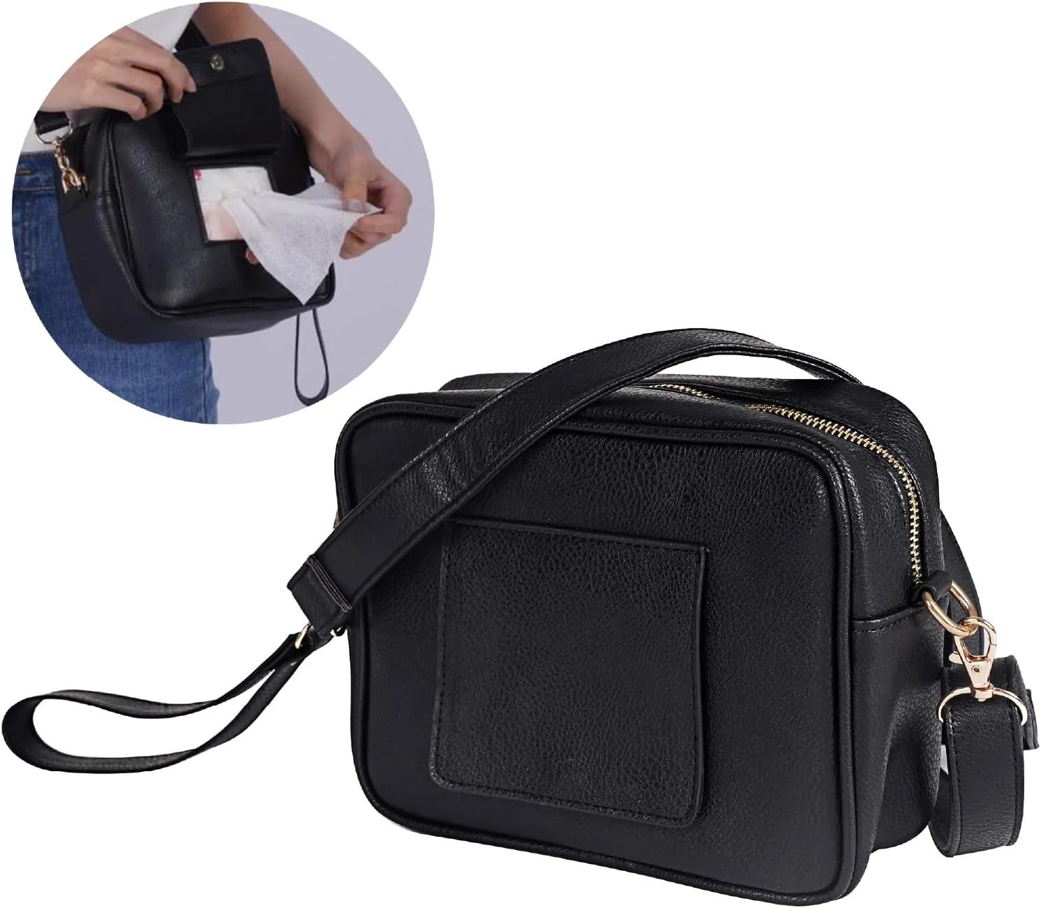 Crossbody Diaper Bag Purse with Wipes Dispenser - Stylish Vegan Leather Baby Wipes Holder Clutch for Women - Multipurpose Luxury Diaper Bag Pouch Can Hold 20-30 Various Types of Wipes - Black