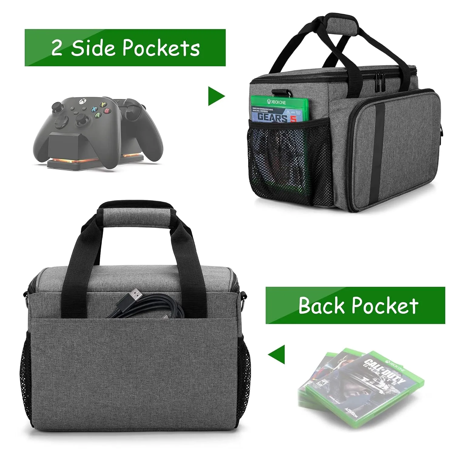 CURMIO Game Console Carrying Case Compatible for Xbox Series X, Portable Carrying Bag with Shoulder Strap for Controllers, Cables, Headsets, Ideal for Game Player, Gray, Patent Pending, Bag Only