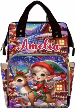 Custom Diaper Bag with Name, Personalized School Bag Christmas Elk Print, Monogram Nappy Backpack with Thermal Pockets for Adults Kids, Large Capacity Waterproof Diaper Bag Xmas Gift