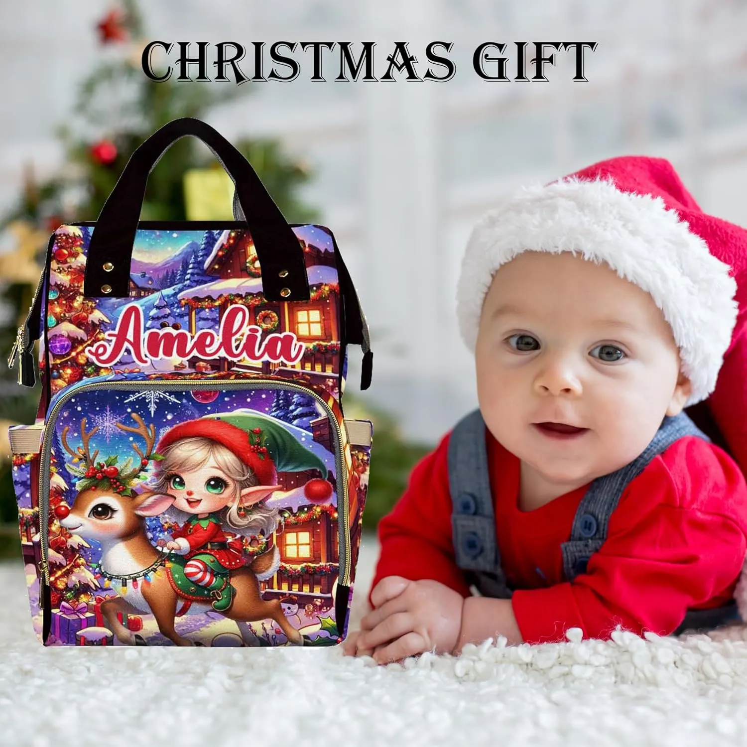 Custom Diaper Bag with Name, Personalized School Bag Christmas Elk Print, Monogram Nappy Backpack with Thermal Pockets for Adults Kids, Large Capacity Waterproof Diaper Bag Xmas Gift