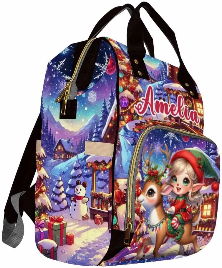 Custom Diaper Bag with Name, Personalized School Bag Christmas Elk Print, Monogram Nappy Backpack with Thermal Pockets for Adults Kids, Large Capacity Waterproof Diaper Bag Xmas Gift