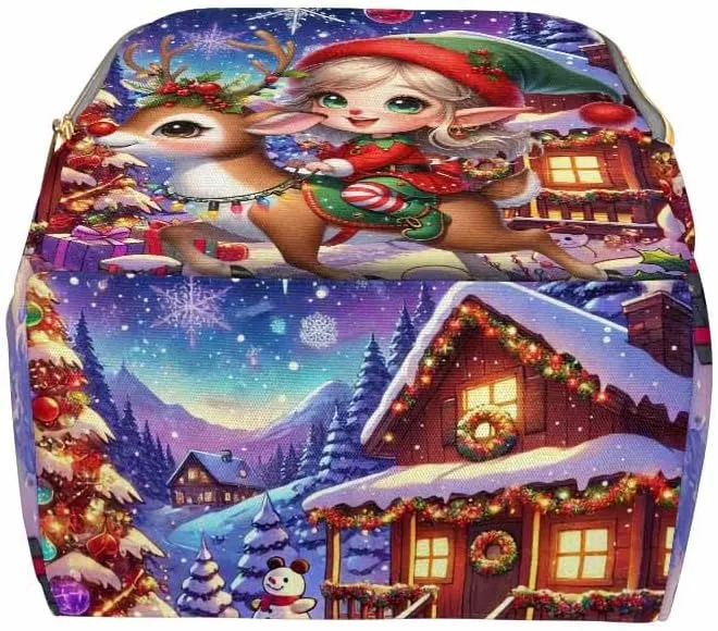 Custom Diaper Bag with Name, Personalized School Bag Christmas Elk Print, Monogram Nappy Backpack with Thermal Pockets for Adults Kids, Large Capacity Waterproof Diaper Bag Xmas Gift