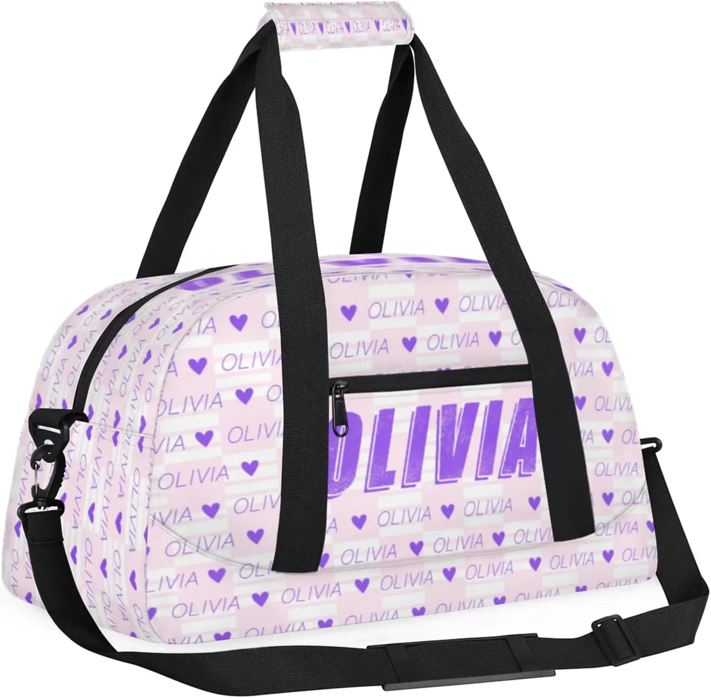 Custom Kids Duffel Bags Personalized Sport Gym Bag with Adjustable & Removable Shoulder Strap Lightweight Overnight Weekender Bag for Boys Girls Travel Sport School(Pink Checkered Pattern)