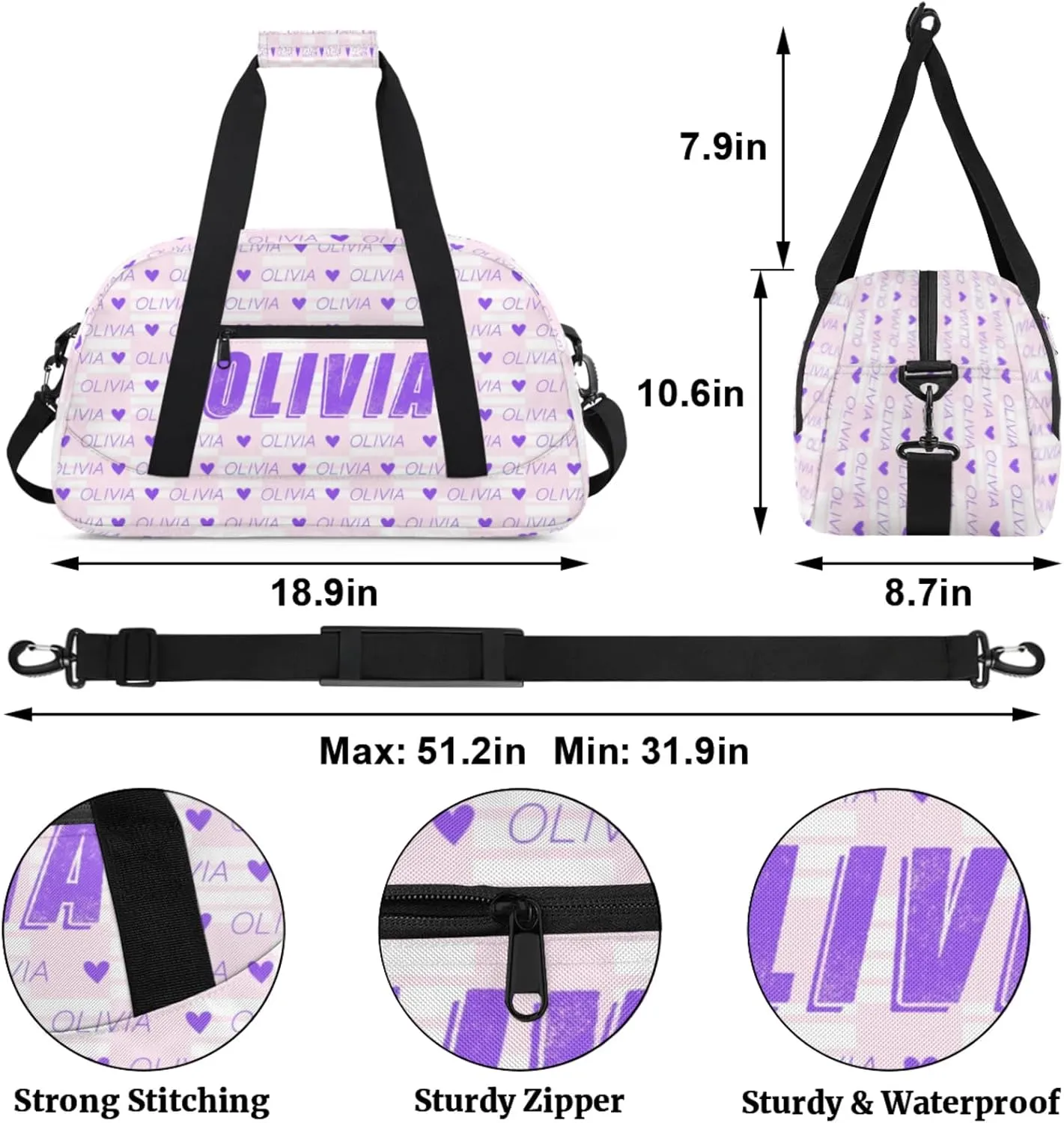 Custom Kids Duffel Bags Personalized Sport Gym Bag with Adjustable & Removable Shoulder Strap Lightweight Overnight Weekender Bag for Boys Girls Travel Sport School(Pink Checkered Pattern)
