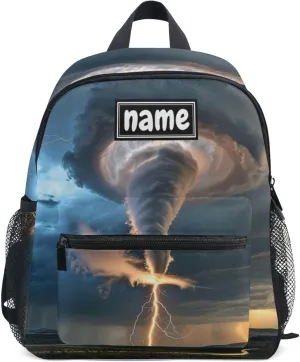 Custom Kid's Name Backpack, Grey Lightning Tornado Toddler Kids Backpack Personalized Name Preschool Bookbag Children Kindergarten Bag for Boys Girls