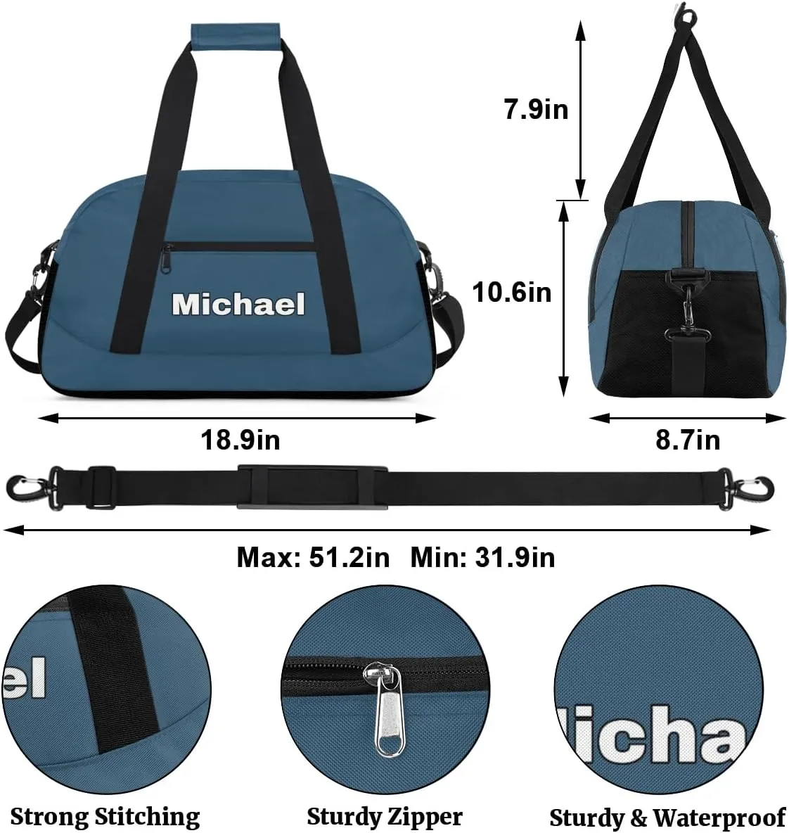 Custom Sport Gym Bags, Personalized Name Overnight Duffel Bags for Boys Girls Dance Weekender Bag Travel Tote Bags, Blue A