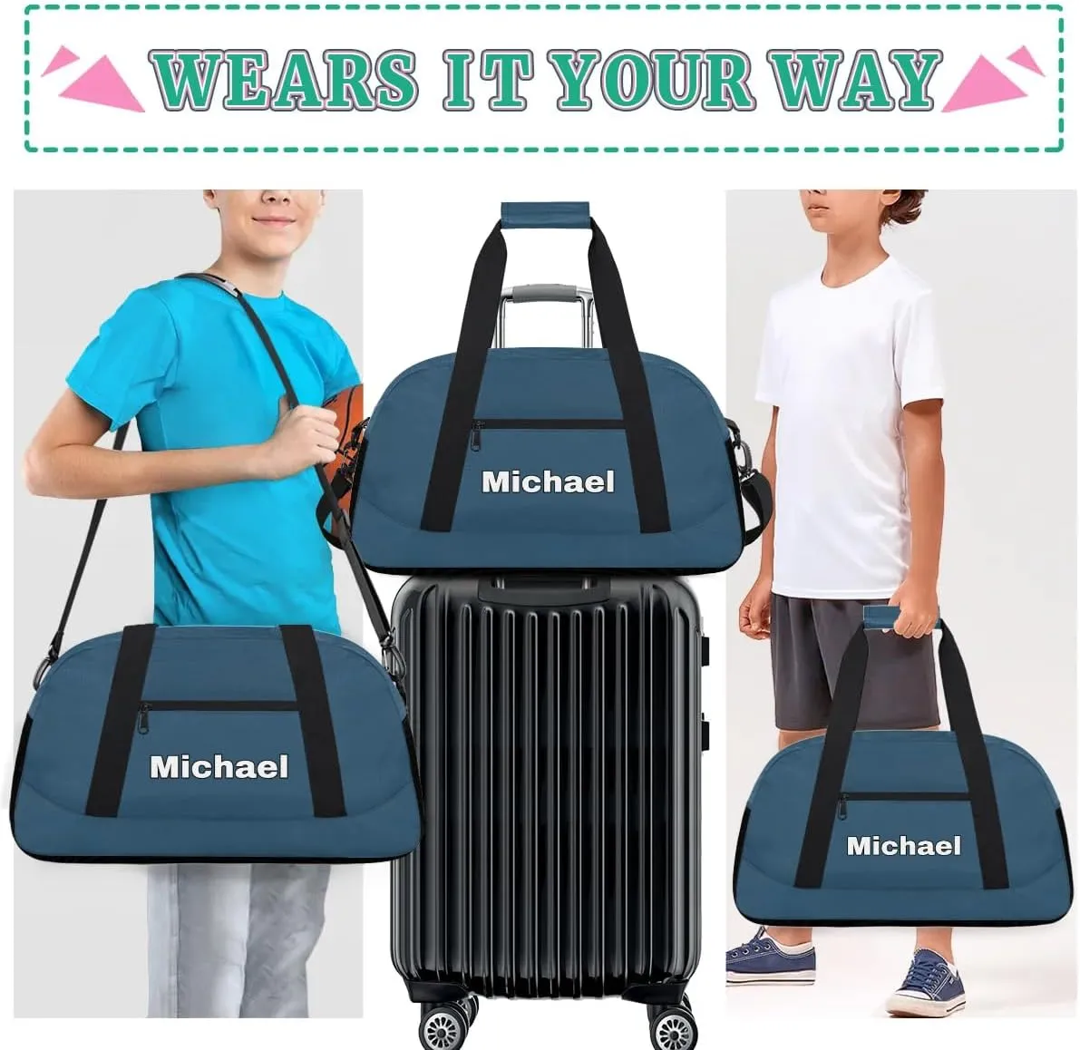 Custom Sport Gym Bags, Personalized Name Overnight Duffel Bags for Boys Girls Dance Weekender Bag Travel Tote Bags, Blue A