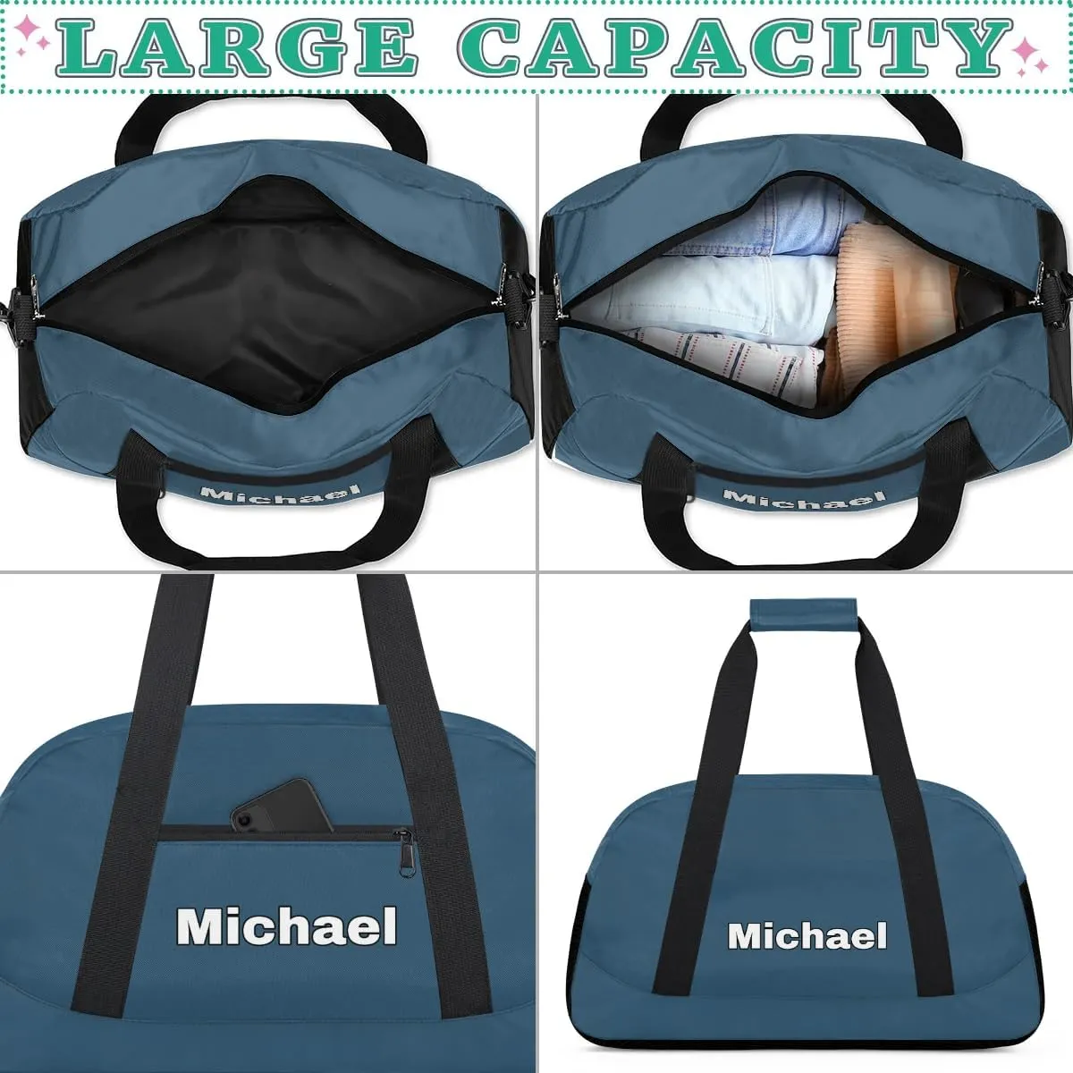 Custom Sport Gym Bags, Personalized Name Overnight Duffel Bags for Boys Girls Dance Weekender Bag Travel Tote Bags, Blue A