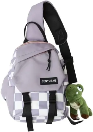 Cute Checkered Sling Bag for Women Men Small Crossbody Bag Travel Casual Chest Bags Purse with Pendant (Purple)