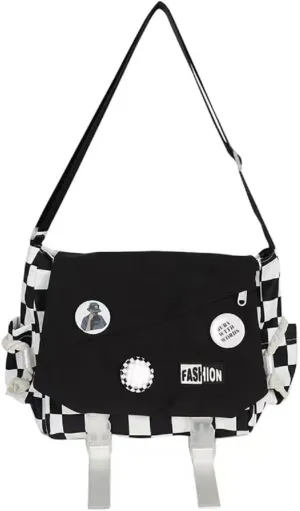 Cute Messenger Bag Casual Checkered Crossbody Bag for Women Men Aesthetic Bag with Pins Shoulder Bag Tote Purse