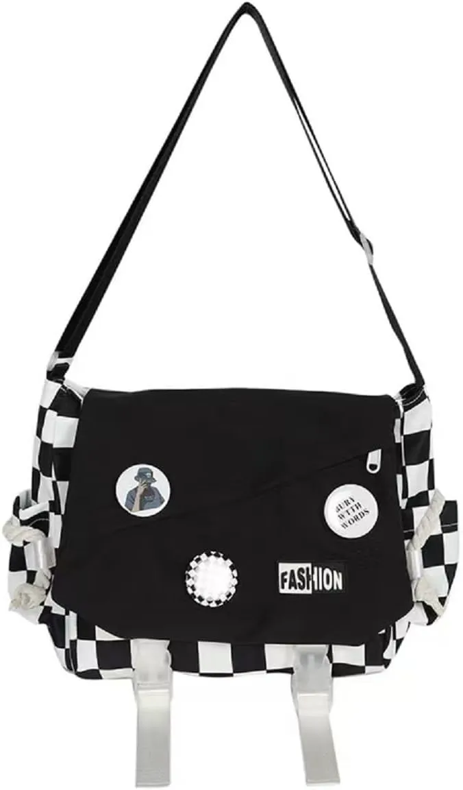 Cute Messenger Bag Casual Checkered Crossbody Bag for Women Men Aesthetic Bag with Pins Shoulder Bag Tote Purse