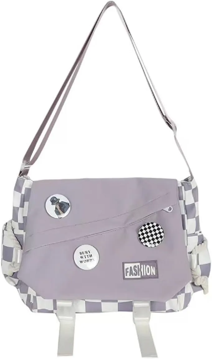 Cute Messenger Bag Casual Checkered Crossbody Bag for Women Men Aesthetic Bag with Pins Shoulder Bag Tote Purse