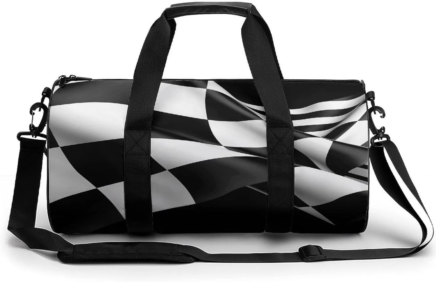 Cylindrical Gym Bag,Black White Formula Checkered Flags Pattern Print Fitness Bag,sport Gym Bag,sports Fitness Handbag,sports Travel Duffel Bag, 17.7in/9in/9in, style
