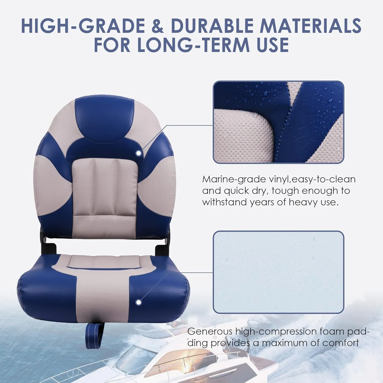 Deckpro Deluxe High Back Boat Seat, Fold-Down Fishing Boat Seat Grey/Blue