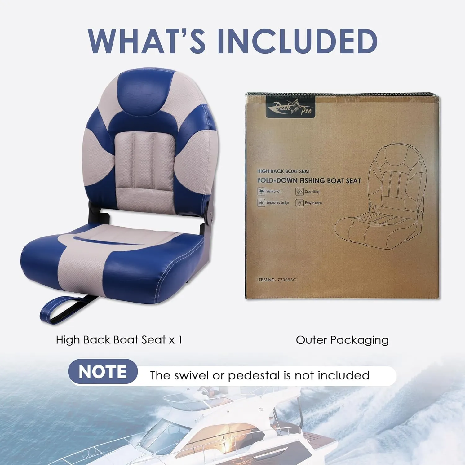 Deckpro Deluxe High Back Boat Seat, Fold-Down Fishing Boat Seat Grey/Blue