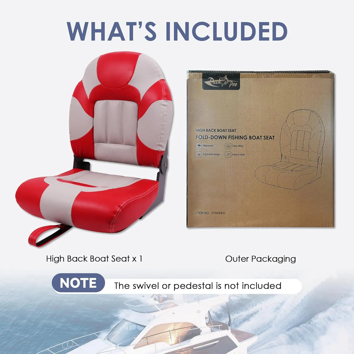 Deckpro Deluxe High Back Boat Seat, Fold-Down Fishing Boat Seat Grey/Red