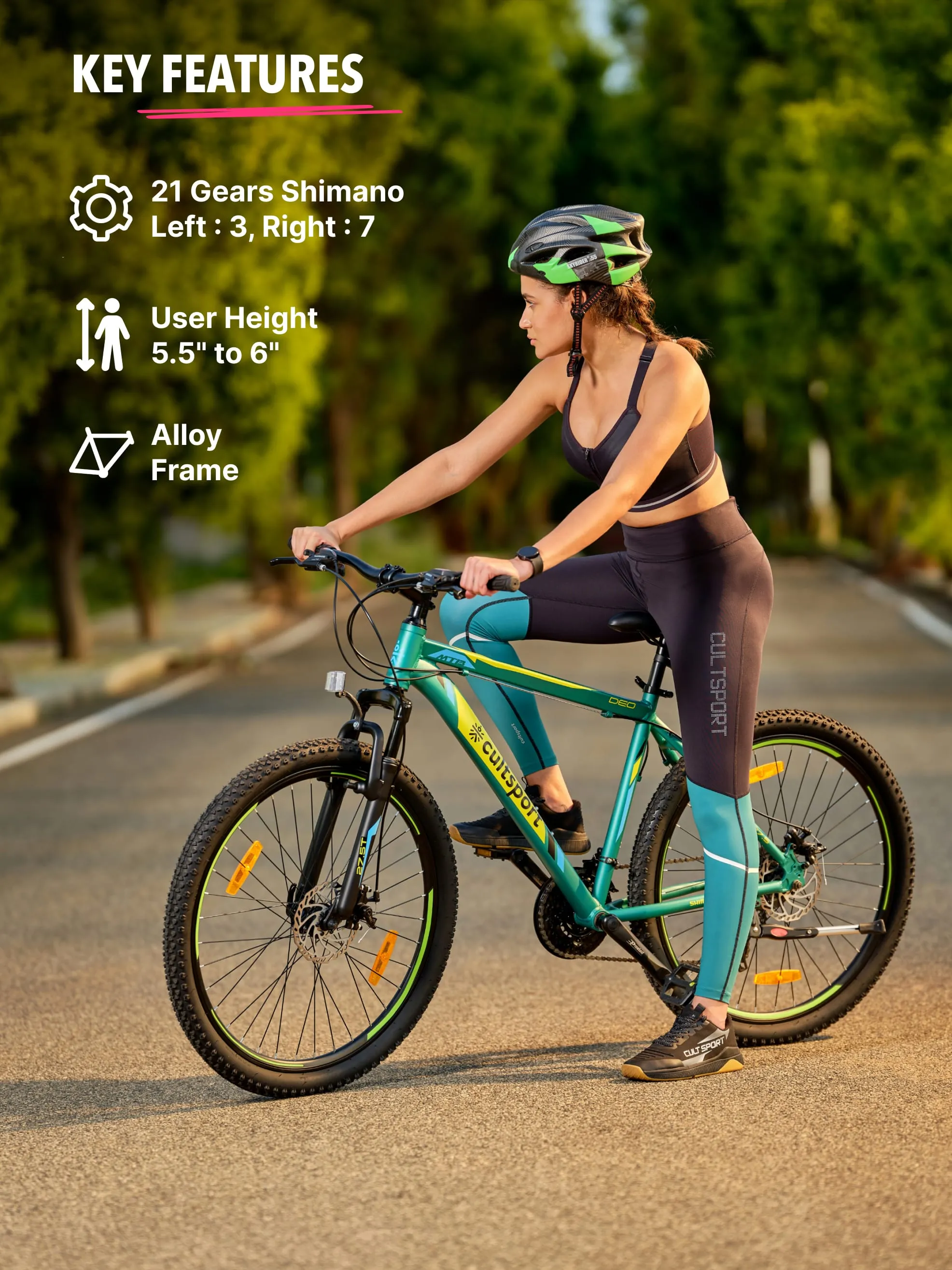 Deo Alloy 21 Speed Shimano Gear 29 inch Mountain Cycle, Dual Disc Brake, Front Suspension, Double Wall Rim, Green, Free Trainer Sessions, Cycling Event