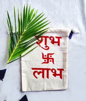 Deshkari ! Canvas white potli pouches for return gifts with Shubh Labh Swastik Print | gift Potli bags for wedding | potli bags for return gifts