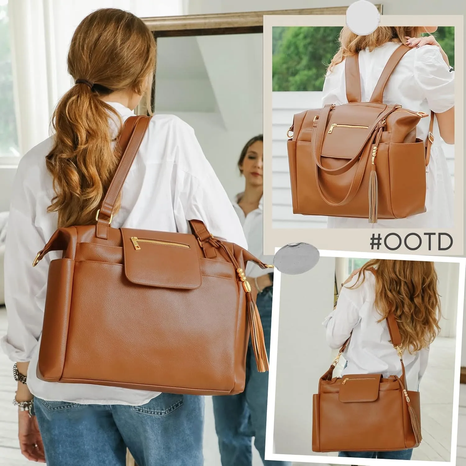 Diaper Bag Tote Leather Diaper Bag Backpack Large Baby Diaper Bag 14 Diaper Organizing Pouches,Changing Pad,Crossbody Strap,4 Insulated Pockets,Brown