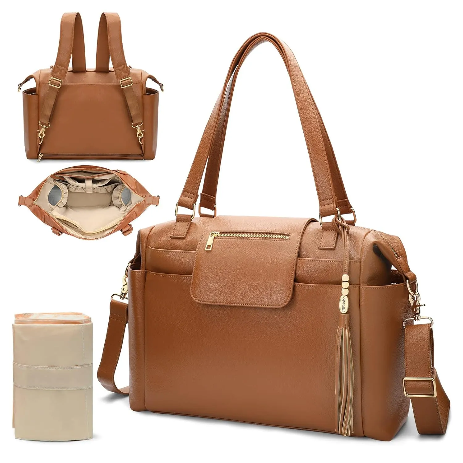 Diaper Bag Tote Leather Diaper Bag Backpack Large Baby Diaper Bag 14 Diaper Organizing Pouches,Changing Pad,Crossbody Strap,4 Insulated Pockets,Brown