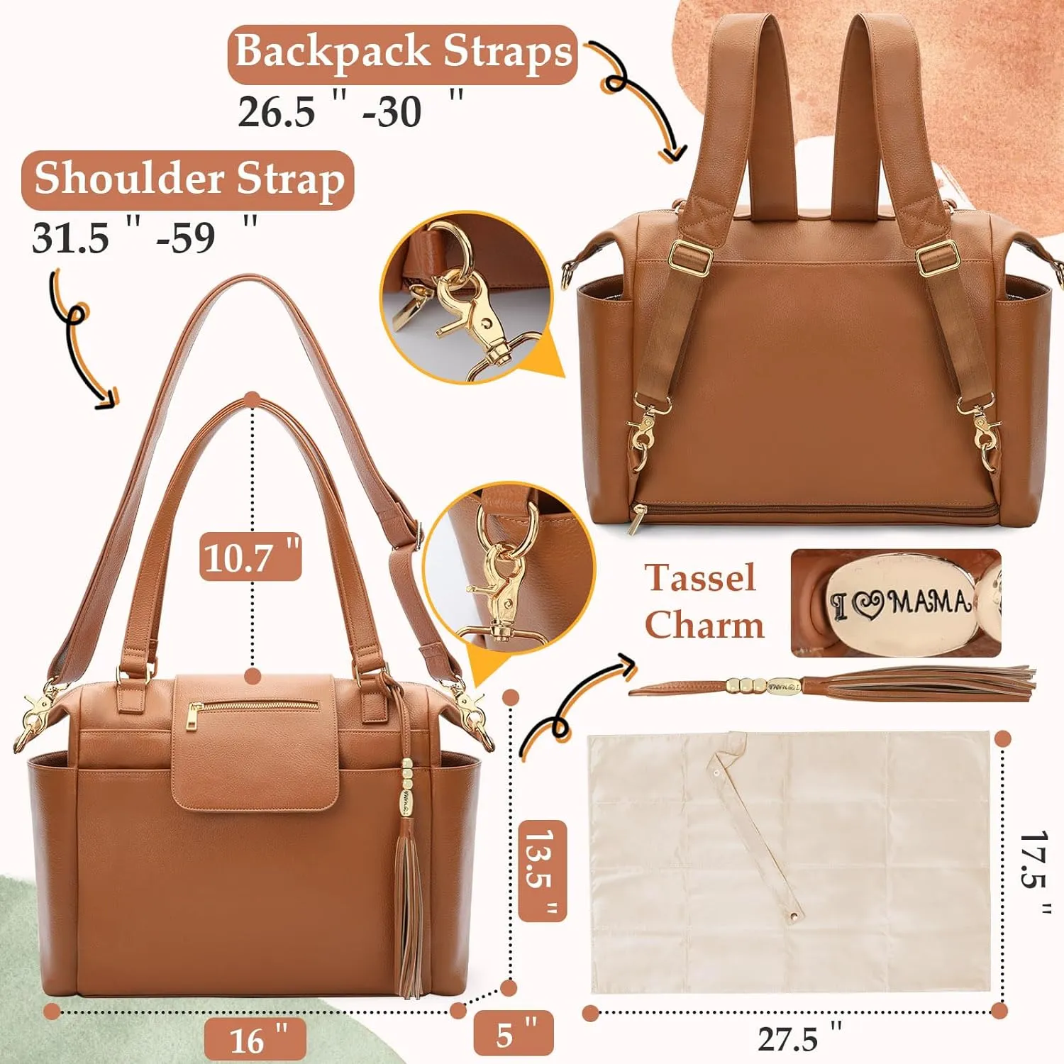 Diaper Bag Tote Leather Diaper Bag Backpack Large Baby Diaper Bag 14 Diaper Organizing Pouches,Changing Pad,Crossbody Strap,4 Insulated Pockets,Brown