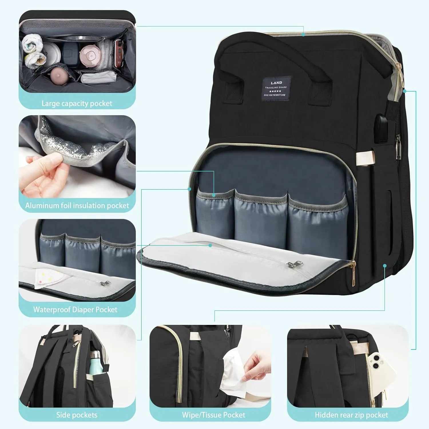 Diaper Dag with Changing Station, Diaper Bag Backpack, Multi-Functional Travel Bag, Waterproof Diaper Bag, Baby Diaper Bag, Baby Bag for Boys and Girls, Black