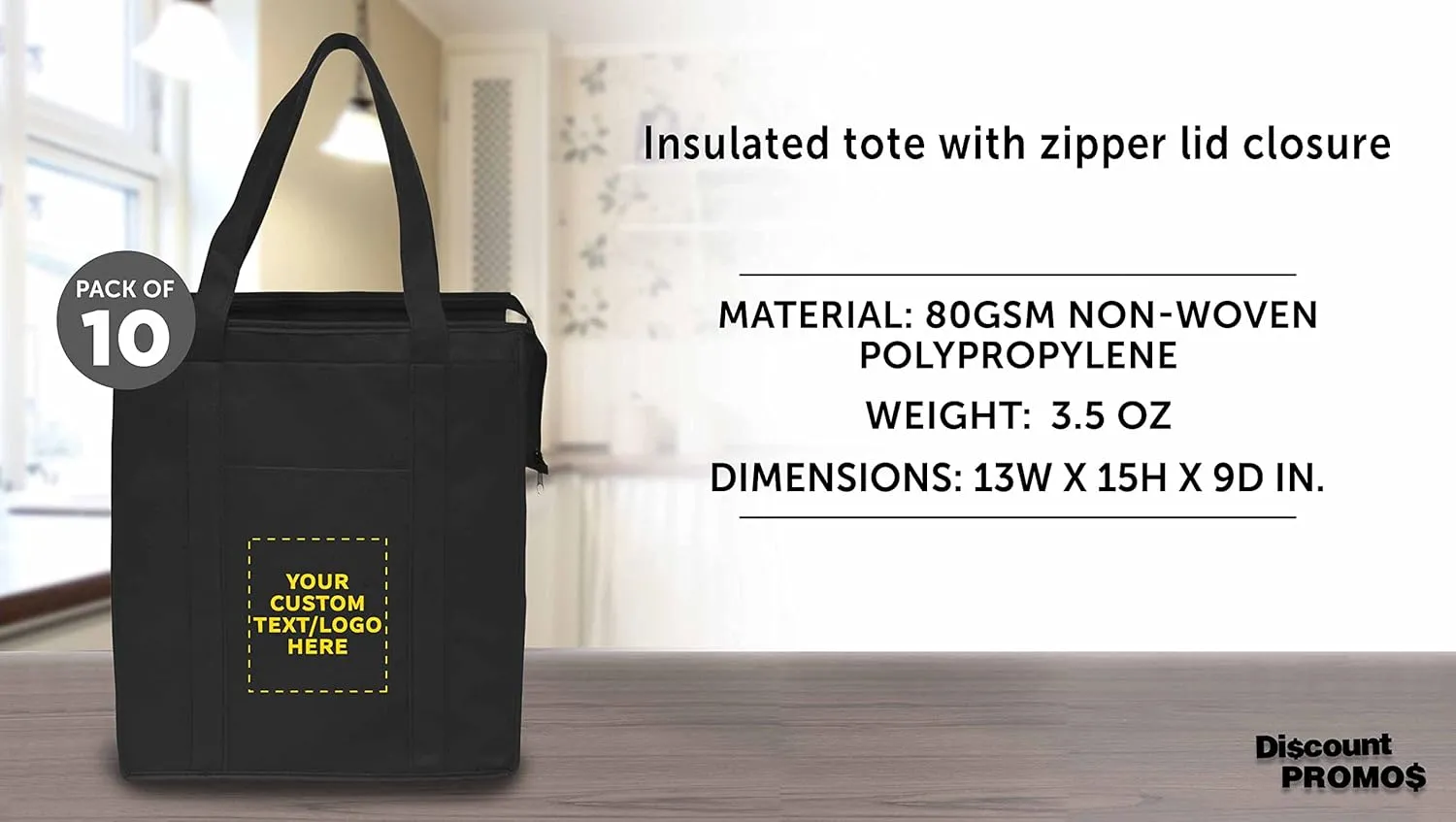 DISCOUNT PROMOS Custom Non-Woven Insulated Tote Bags Set of 10, Personalized Bulk Pack - Reusable, Great for Picnic, Camping, Beach, Outdoor Activities - Black