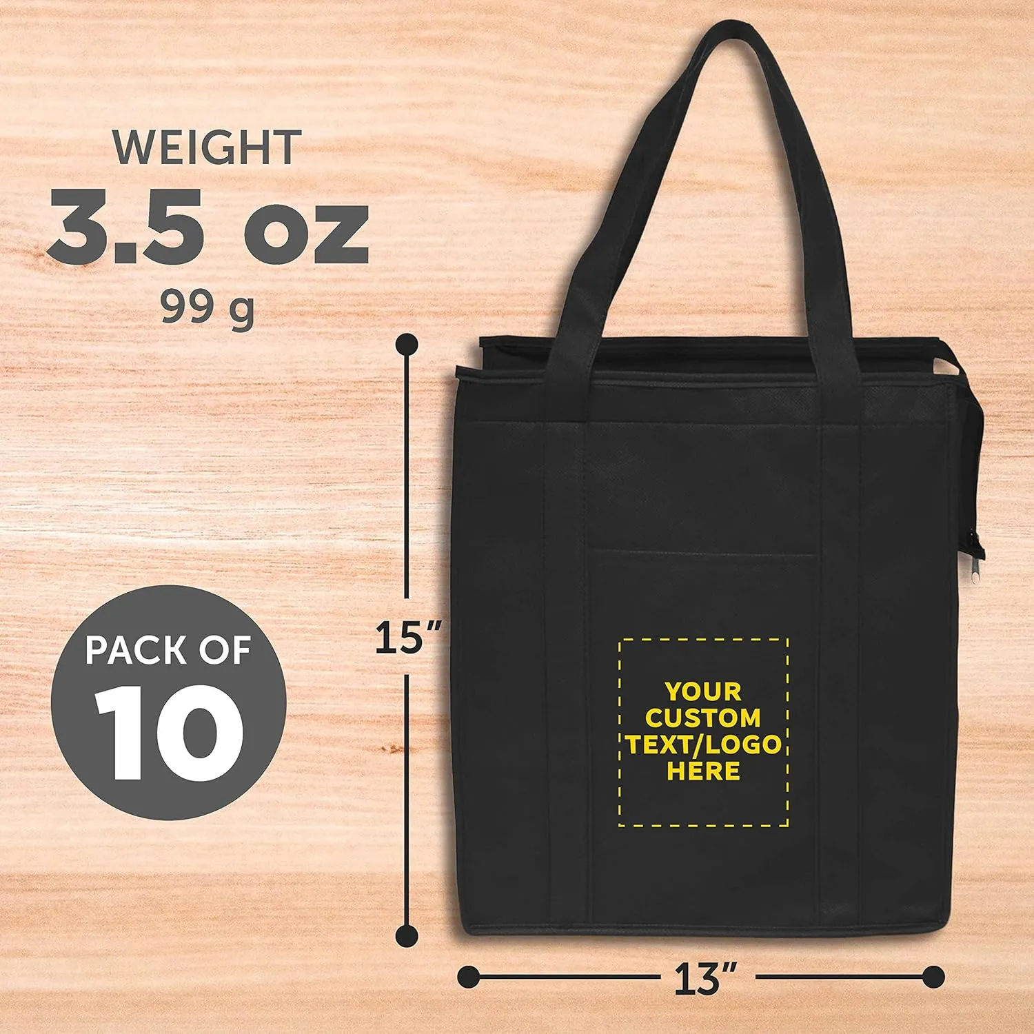 DISCOUNT PROMOS Custom Non-Woven Insulated Tote Bags Set of 10, Personalized Bulk Pack - Reusable, Great for Picnic, Camping, Beach, Outdoor Activities - Black