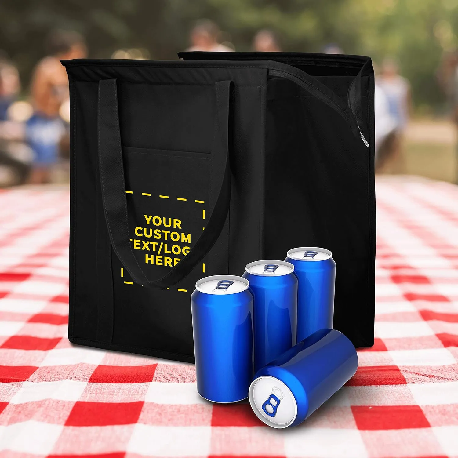 DISCOUNT PROMOS Custom Non-Woven Insulated Tote Bags Set of 10, Personalized Bulk Pack - Reusable, Great for Picnic, Camping, Beach, Outdoor Activities - Black