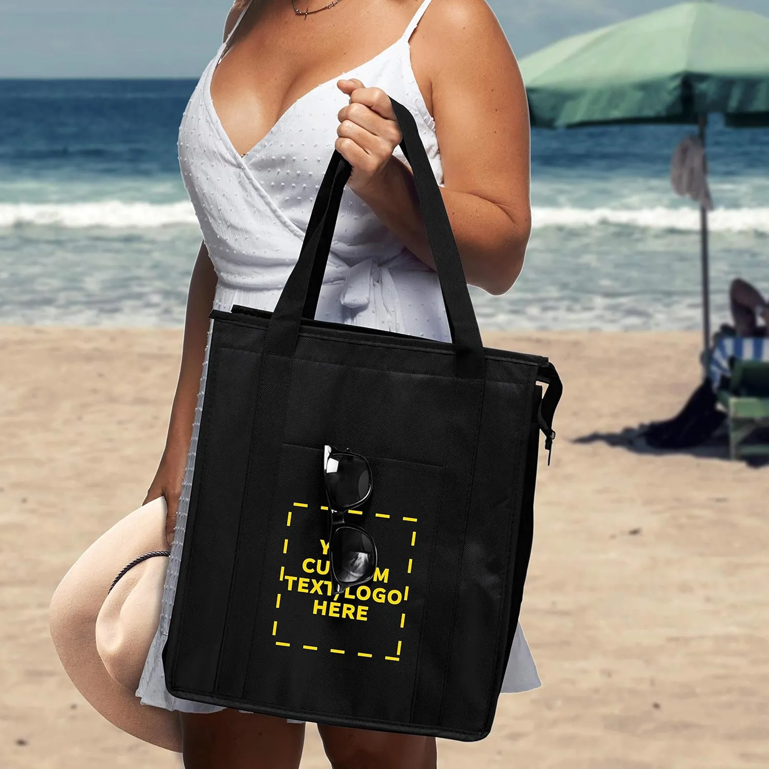 DISCOUNT PROMOS Custom Non-Woven Insulated Tote Bags Set of 10, Personalized Bulk Pack - Reusable, Great for Picnic, Camping, Beach, Outdoor Activities - Black