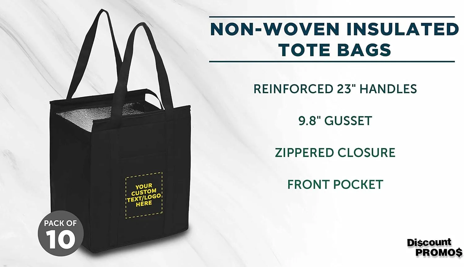 DISCOUNT PROMOS Custom Non-Woven Insulated Tote Bags Set of 10, Personalized Bulk Pack - Reusable, Great for Picnic, Camping, Beach, Outdoor Activities - Black