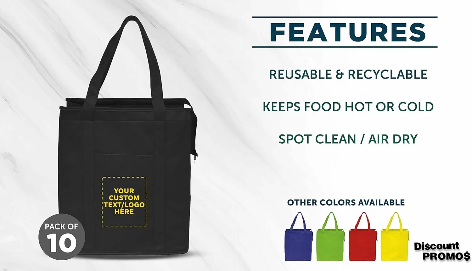 DISCOUNT PROMOS Custom Non-Woven Insulated Tote Bags Set of 10, Personalized Bulk Pack - Reusable, Great for Picnic, Camping, Beach, Outdoor Activities - Black