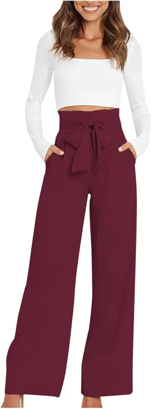 DOLKFU Womens Belted High Waist Business Casual Pants Straight Wide Leg Trousers Fashion Loose Comfy Pants
