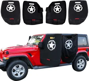 Door Storage Bags Compatible with 1976-2025 Jeep Wrangler YJ TJ JK JL 4XE Gladiator JT Accessories Car Doors Storage Cover with Hangers Design, Hinges Cut, Mirror Organizer Bag, Handles, 4 Pack