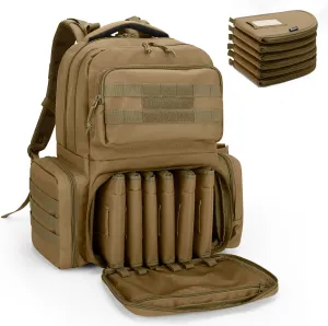 DSLEAF Tactical Pistol Backpack with 6 Pistol Cases, Gun Range Backpack with 10x Magazine Slots for Shooting and Hunting, Khaki