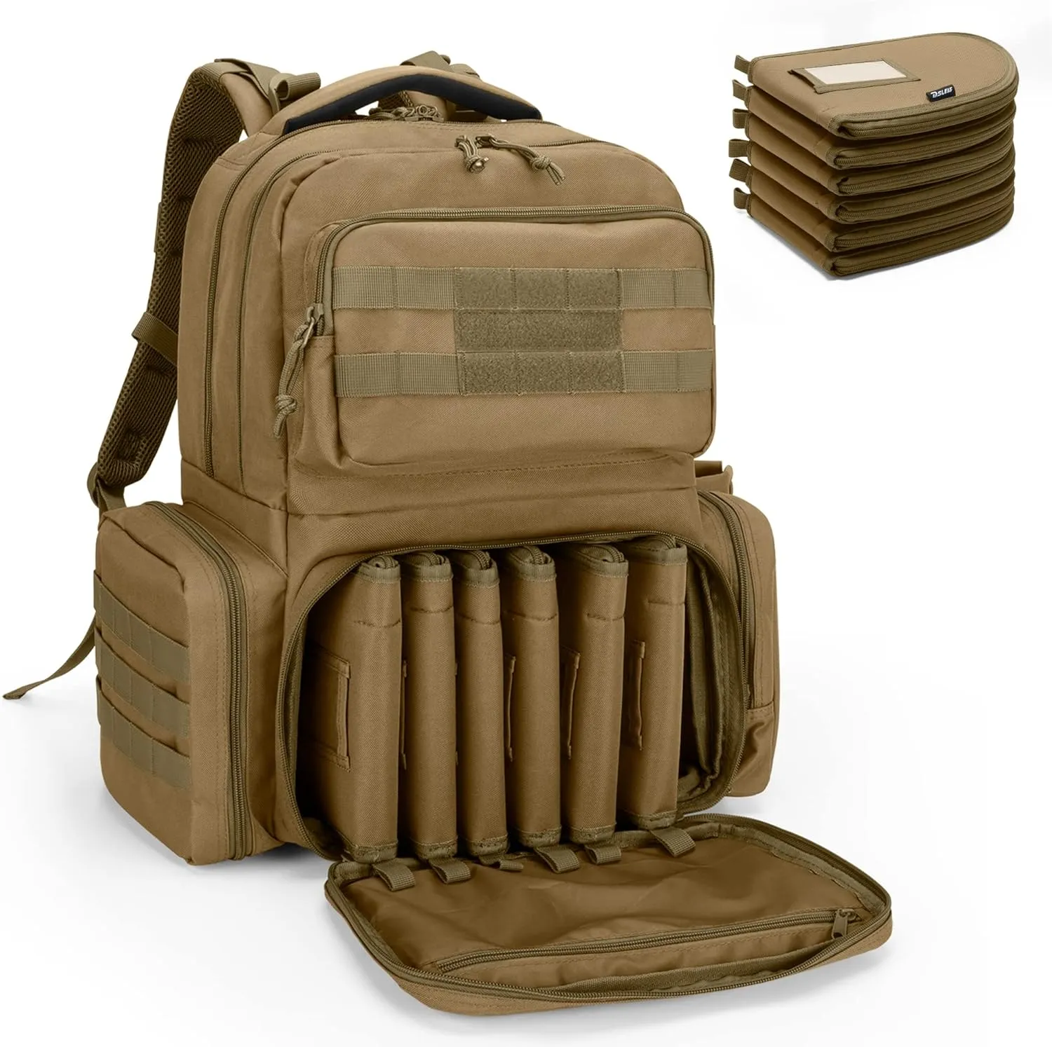 DSLEAF Tactical Pistol Backpack with 6 Pistol Cases, Gun Range Backpack with 10x Magazine Slots for Shooting and Hunting, Khaki