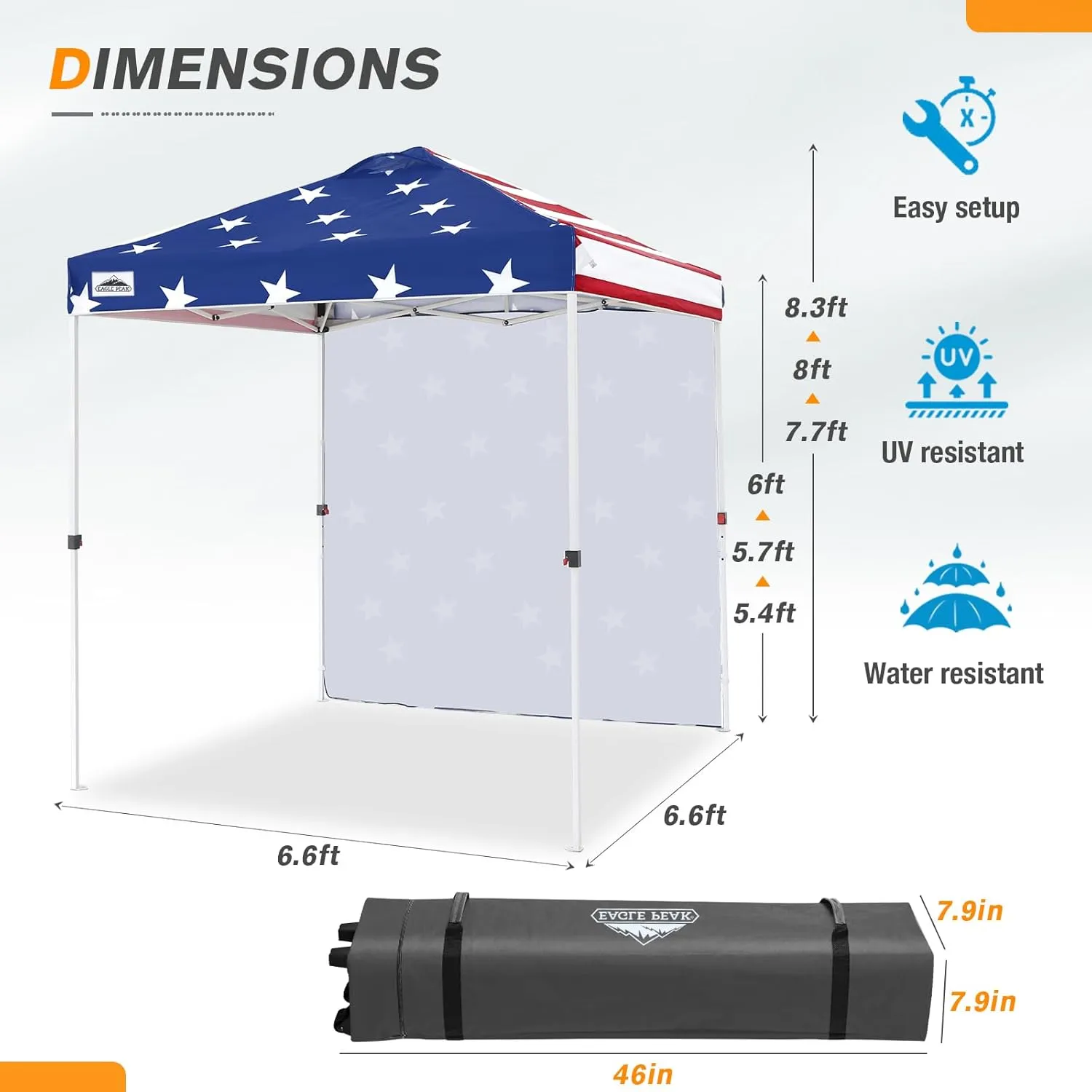 EAGLE PEAK Pop Up Canopy Tent with 1 Sidewall, Easy Setup Event Tent, Outdoor Sun Shade, Wheeled Carry Bag, Stakes and Guy Ropes, Instant Canopy 6.6x6.6, American Flag